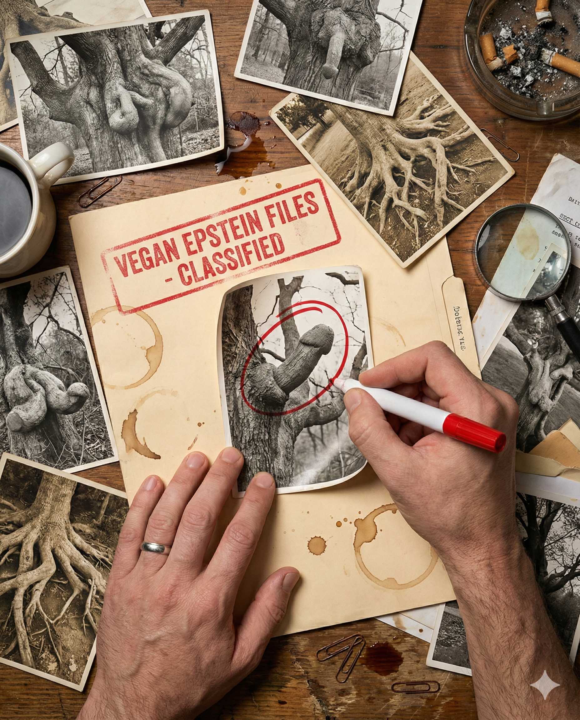 Classified files showing tree evidence photos on a desk